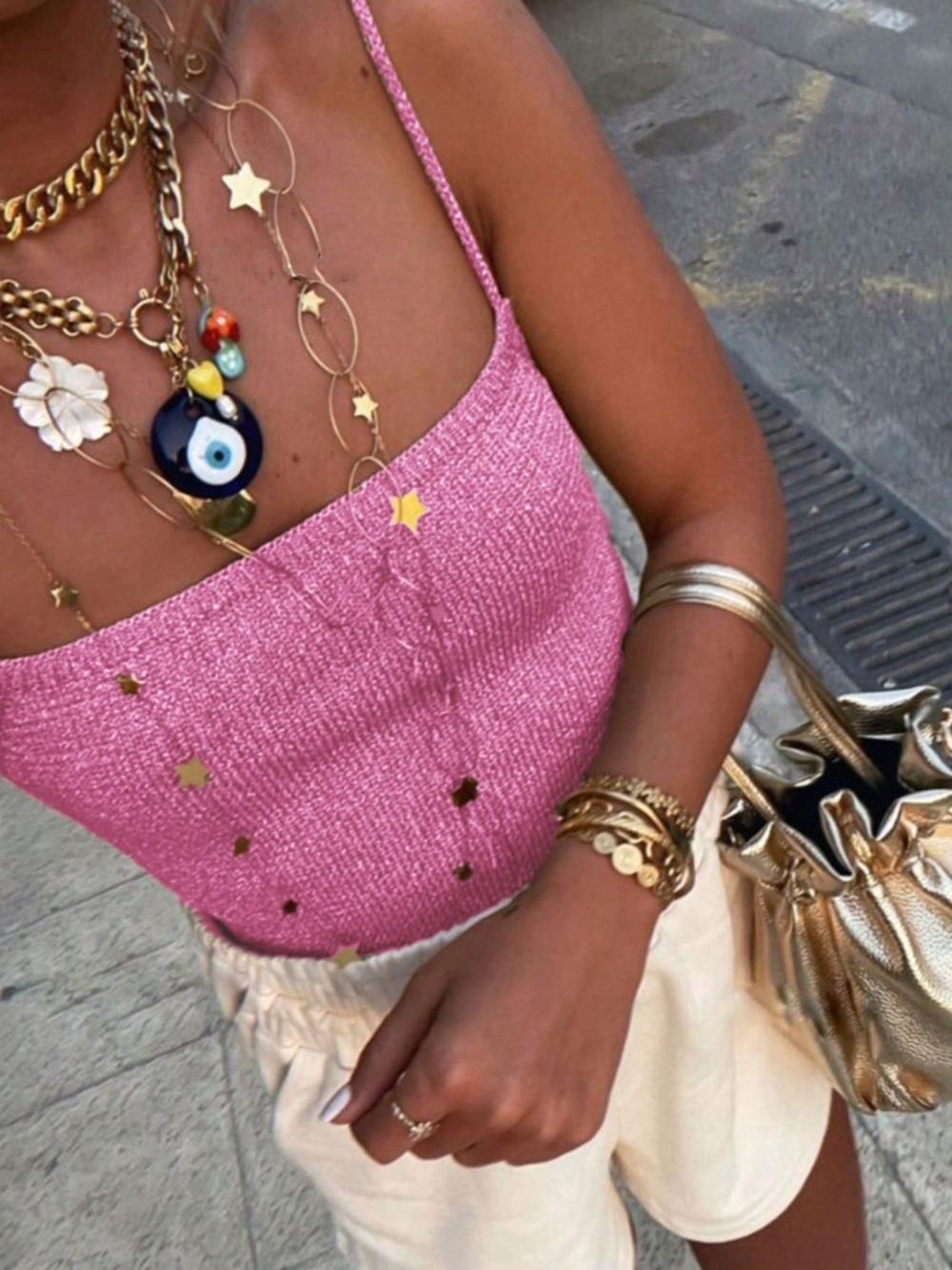 Pink Tan Knit Lurex Sparkly Threads Camisole Crop Top